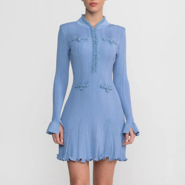 Eulalia Light Blue Ribbed-Knit Ruffle Mini Dress - photo 1 | Orabella