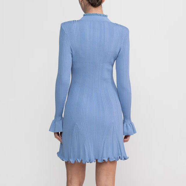 Eulalia Light Blue Ribbed-Knit Ruffle Mini Dress - photo 2 | Orabella
