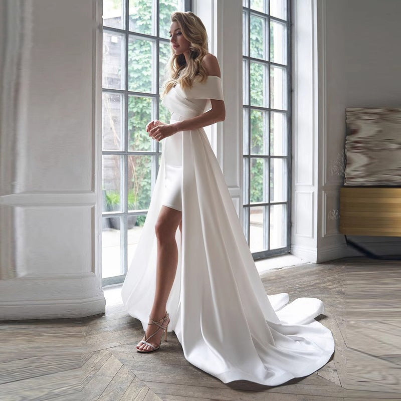European and American one-shoulder wedding dresses 2026 new white forest simple satin detachable trailing light wedding dress — full length