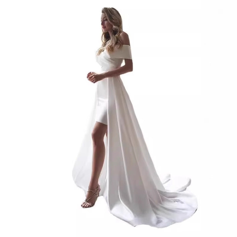 European and American one-shoulder wedding dresses 2026 new white forest simple satin detachable trailing light wedding dress — back view