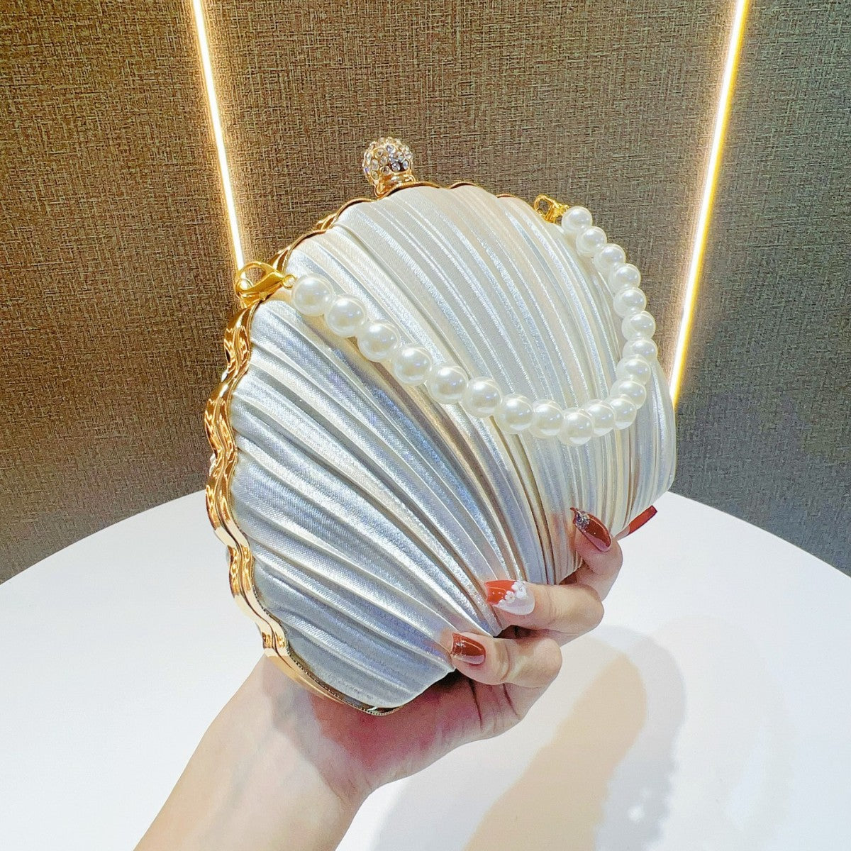 Fabienne Pleated Shell Pearl Handle Evening Clutch - detail view