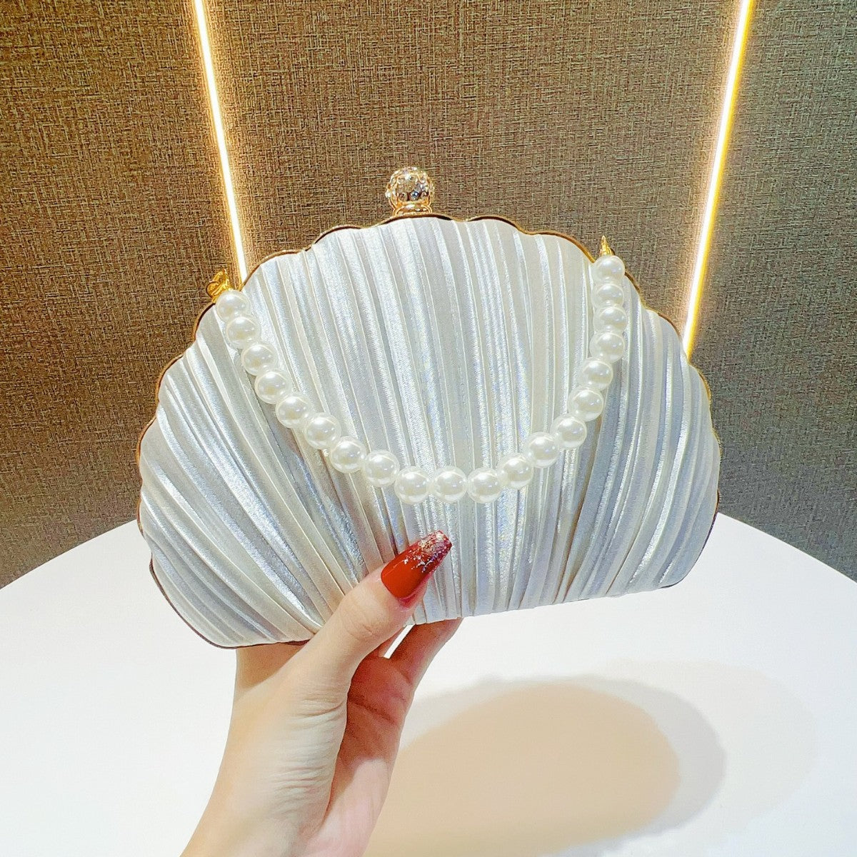 Fabienne Pleated Shell Pearl Handle Evening Clutch - front view