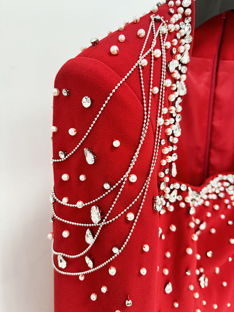 Celestial Chain Embellished Crimson Mirage  Cape Gown