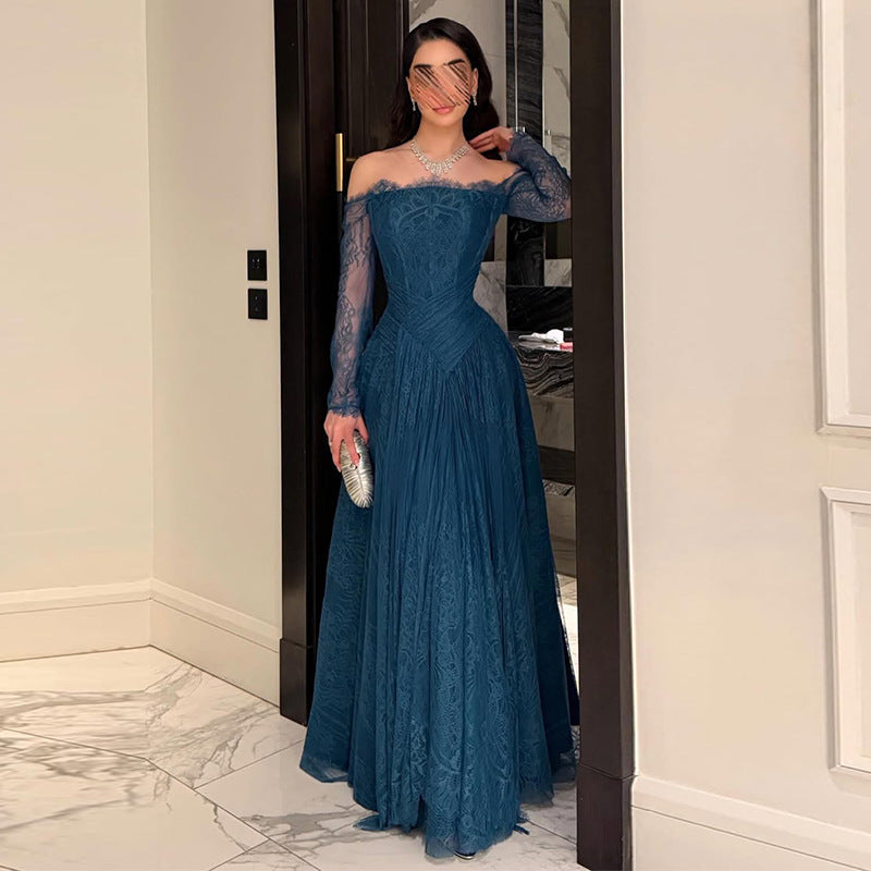 Federica Teal Lace Off-Shoulder Long-Sleeve Gown - photo 1 | Orabella