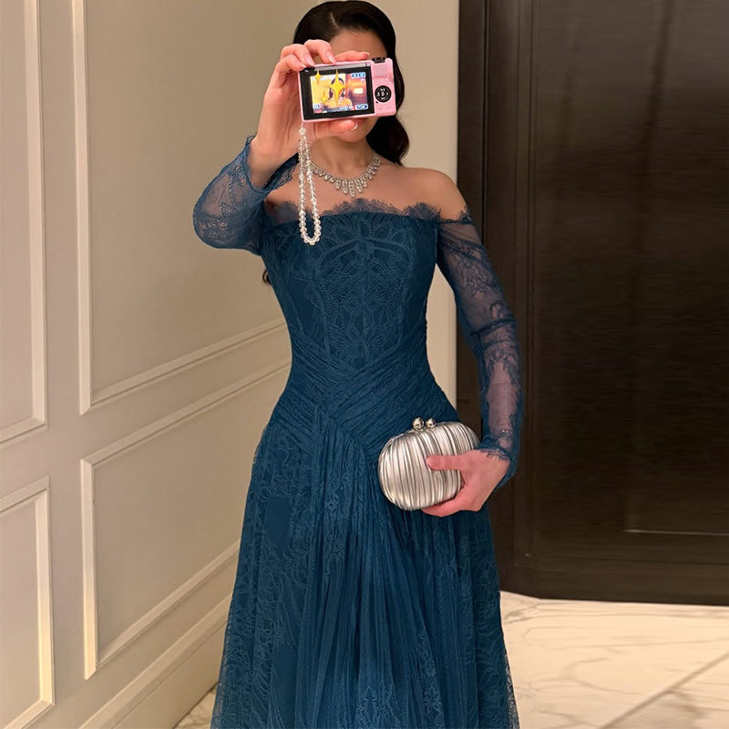 Federica Teal Lace Off-Shoulder Long-Sleeve Gown - photo 2 | Orabella
