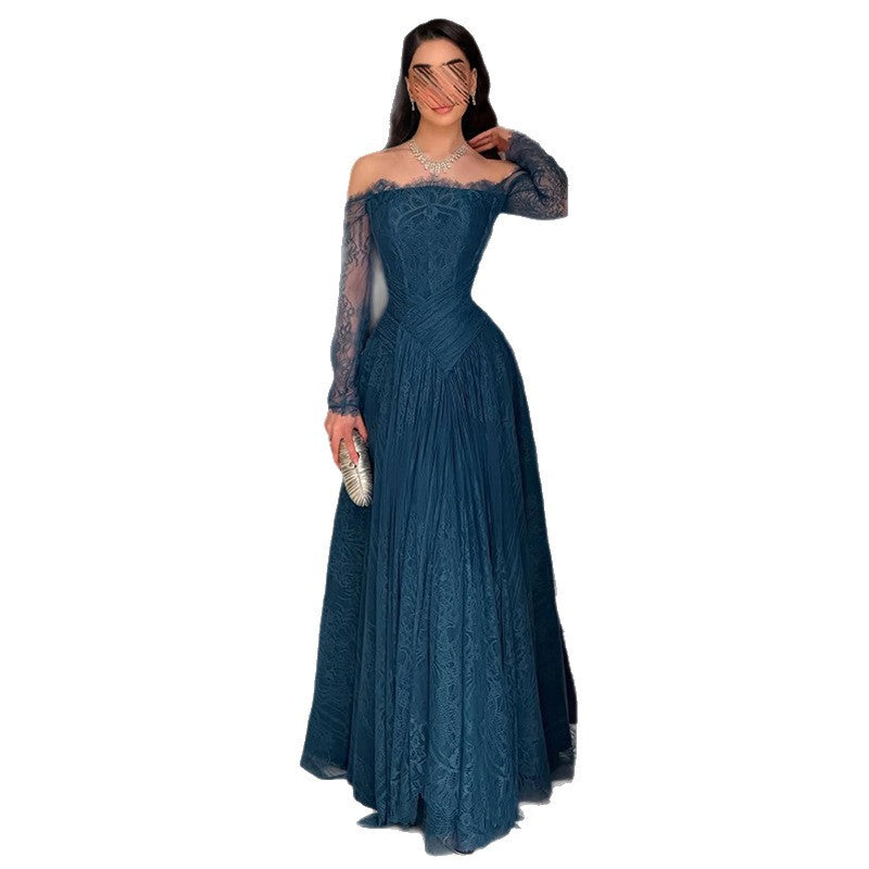 Federica Teal Lace Off-Shoulder Long-Sleeve Gown - photo 4 | Orabella