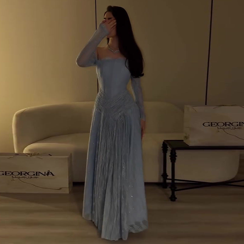Federica Teal Lace Off-Shoulder Long-Sleeve Gown - photo 5 | Orabella