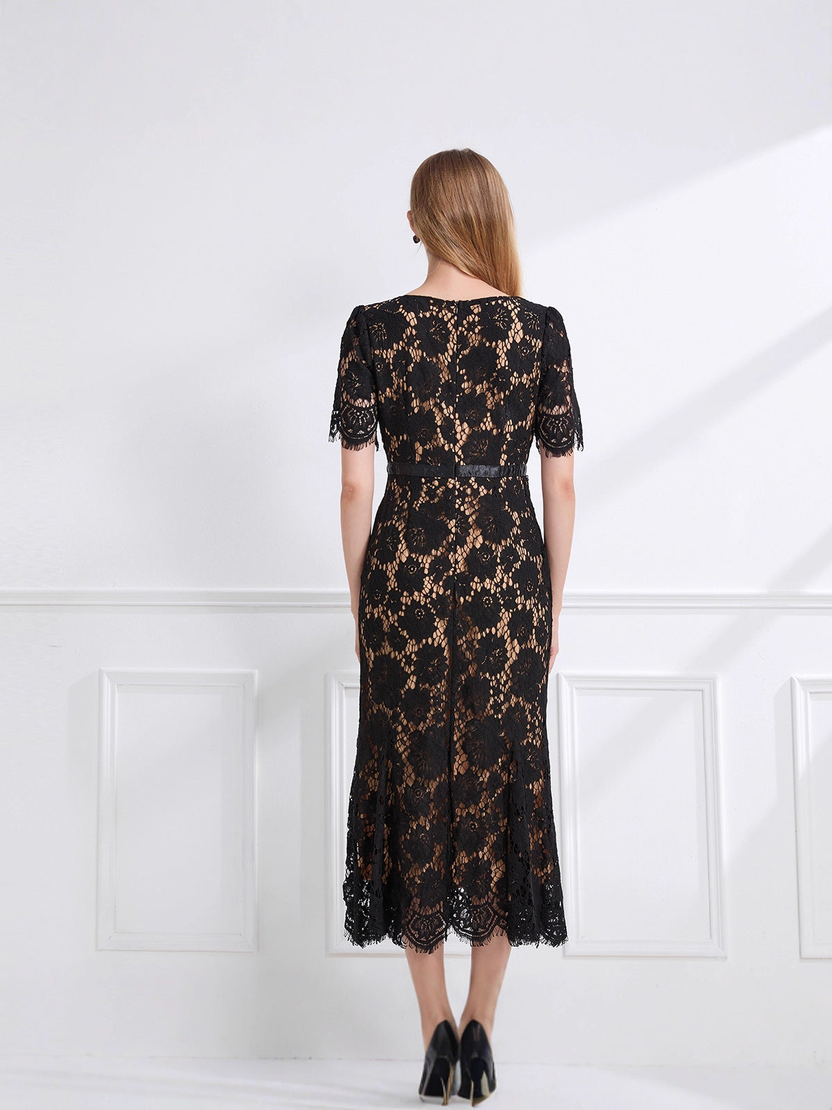 Felicie Black Floral Lace Bow-Waist Midi Dress - additional view 5