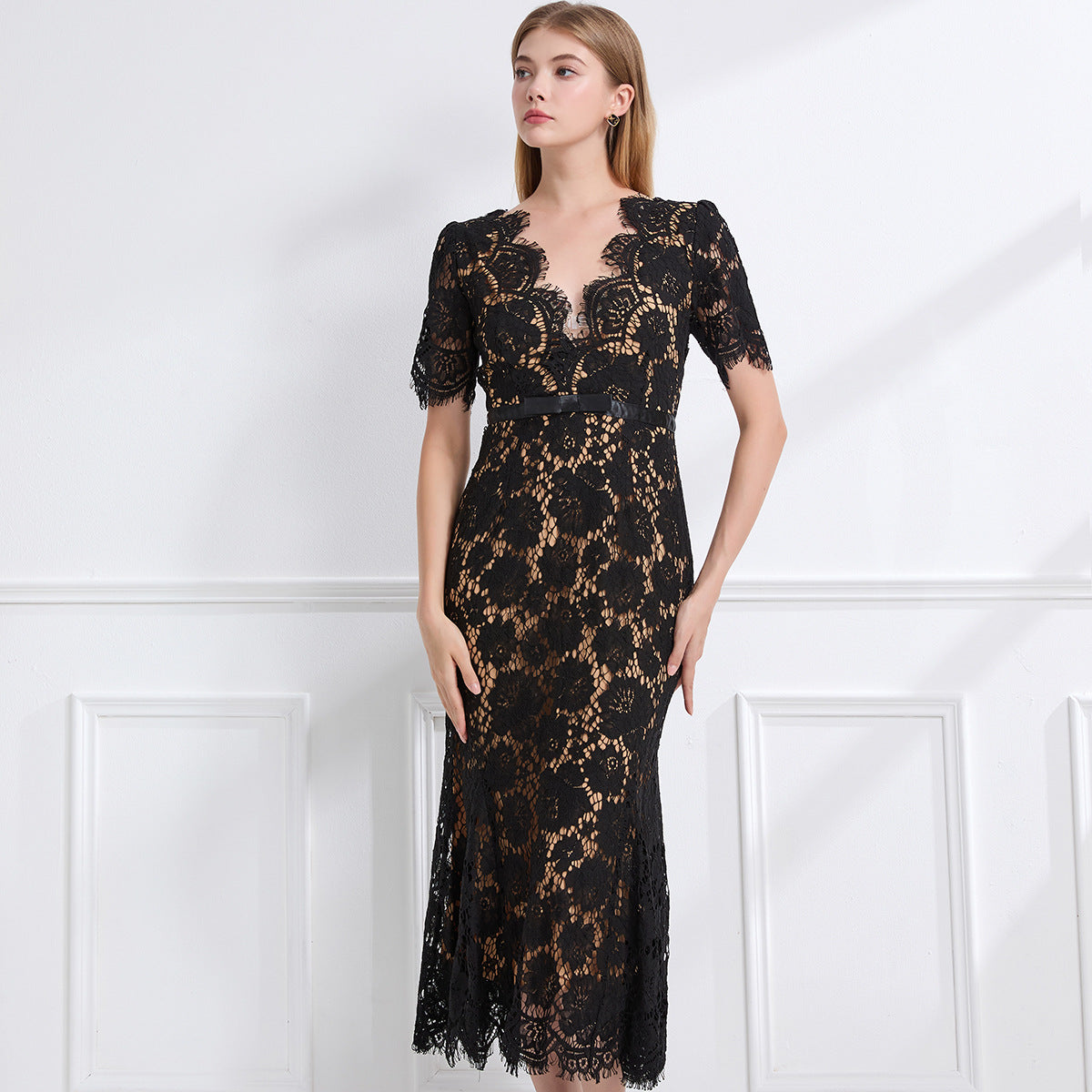 Felicie Black Floral Lace Bow-Waist Midi Dress - additional view 6