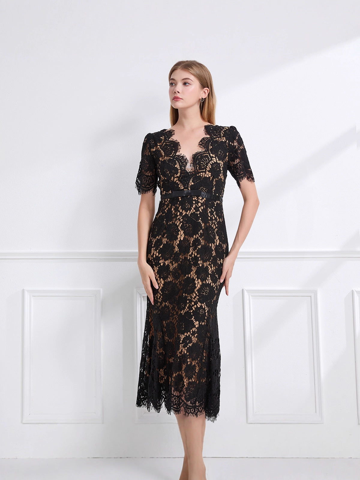 Felicie Black Floral Lace Bow-Waist Midi Dress - back view
