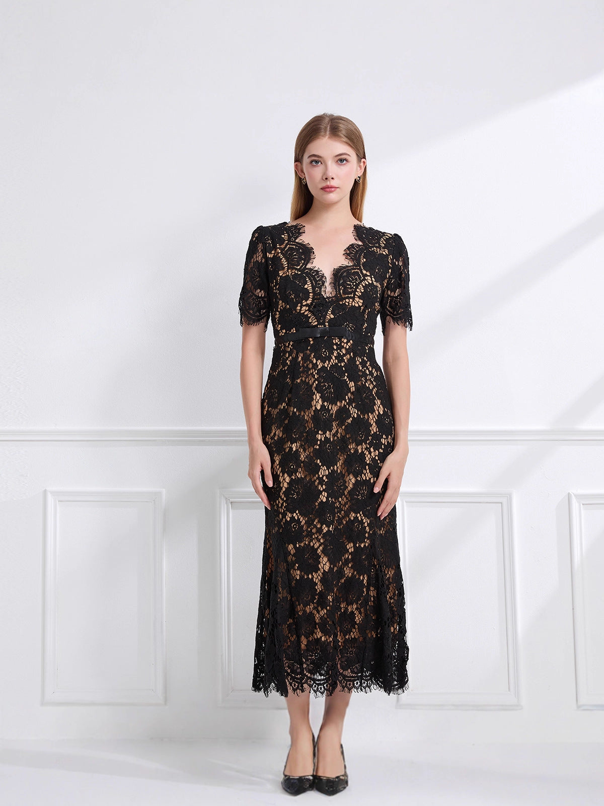 Felicie Black Floral Lace Bow-Waist Midi Dress - front view