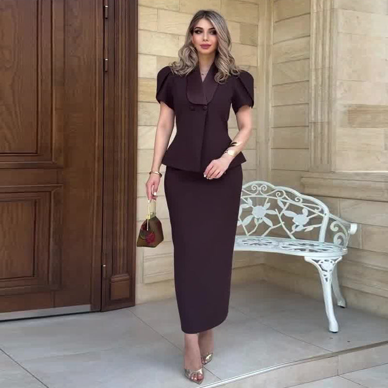 Fiorella Puff-Sleeve Peplum Top and Column Skirt Set - photo 1 | Orabella