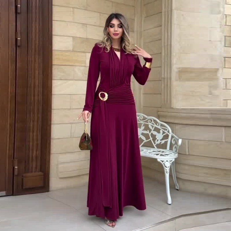 Flaminia Burgundy V-Neck Ruched Long-Sleeve Maxi Dress - photo 1 | Orabella