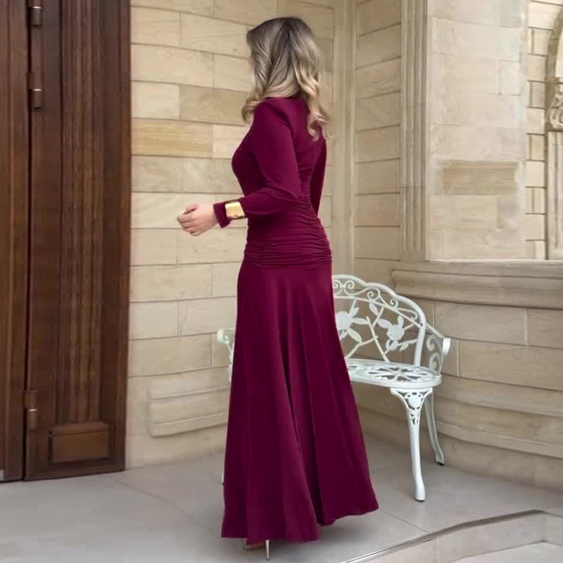 Flaminia Burgundy V-Neck Ruched Long-Sleeve Maxi Dress - photo 2 | Orabella