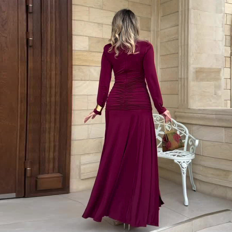 Flaminia Burgundy V-Neck Ruched Long-Sleeve Maxi Dress - photo 3 | Orabella