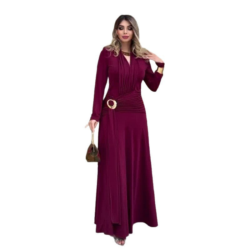 Flaminia Burgundy V-Neck Ruched Long-Sleeve Maxi Dress - photo 4 | Orabella