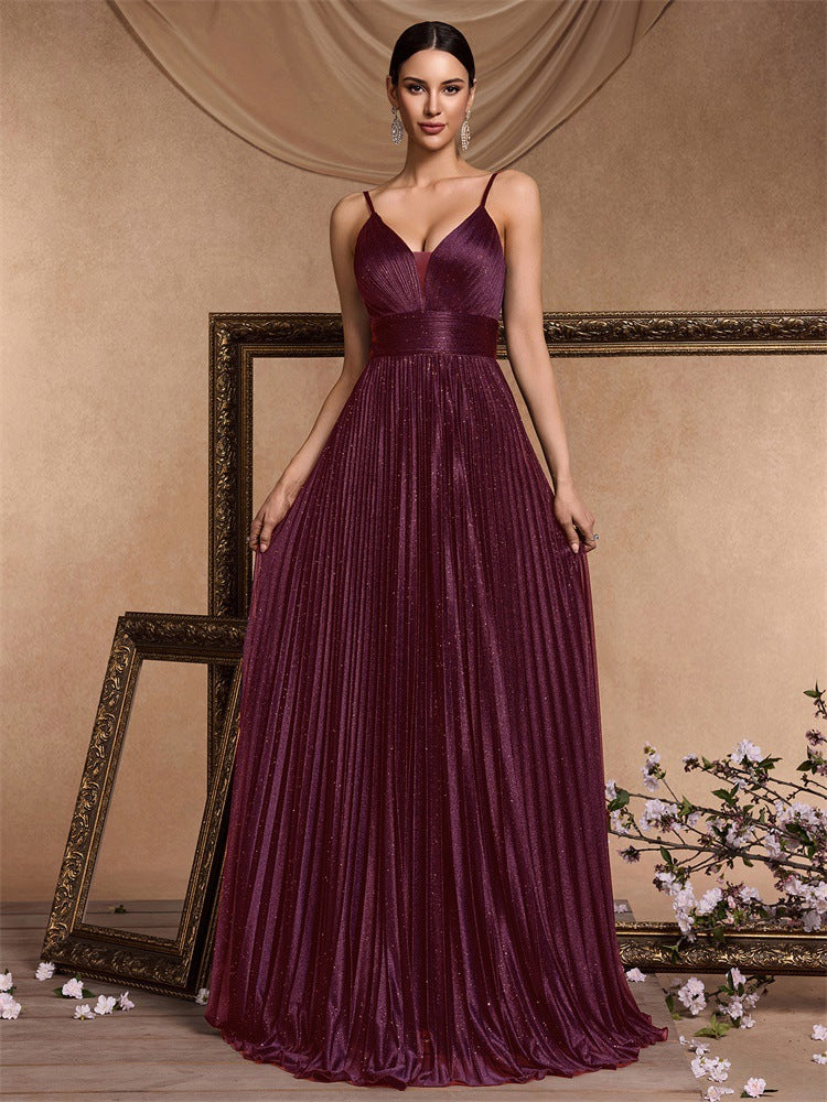 Flavia Glitter Pleated Deep V Maxi Gown - back view