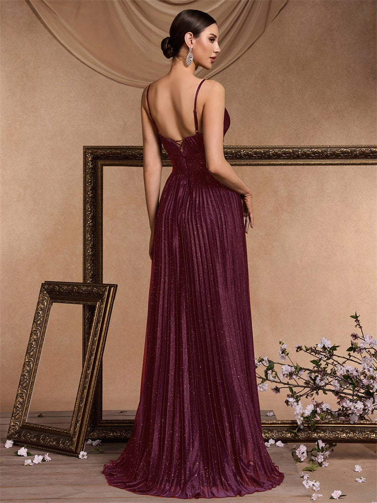 Flavia Glitter Pleated Deep V Maxi Gown - detail view