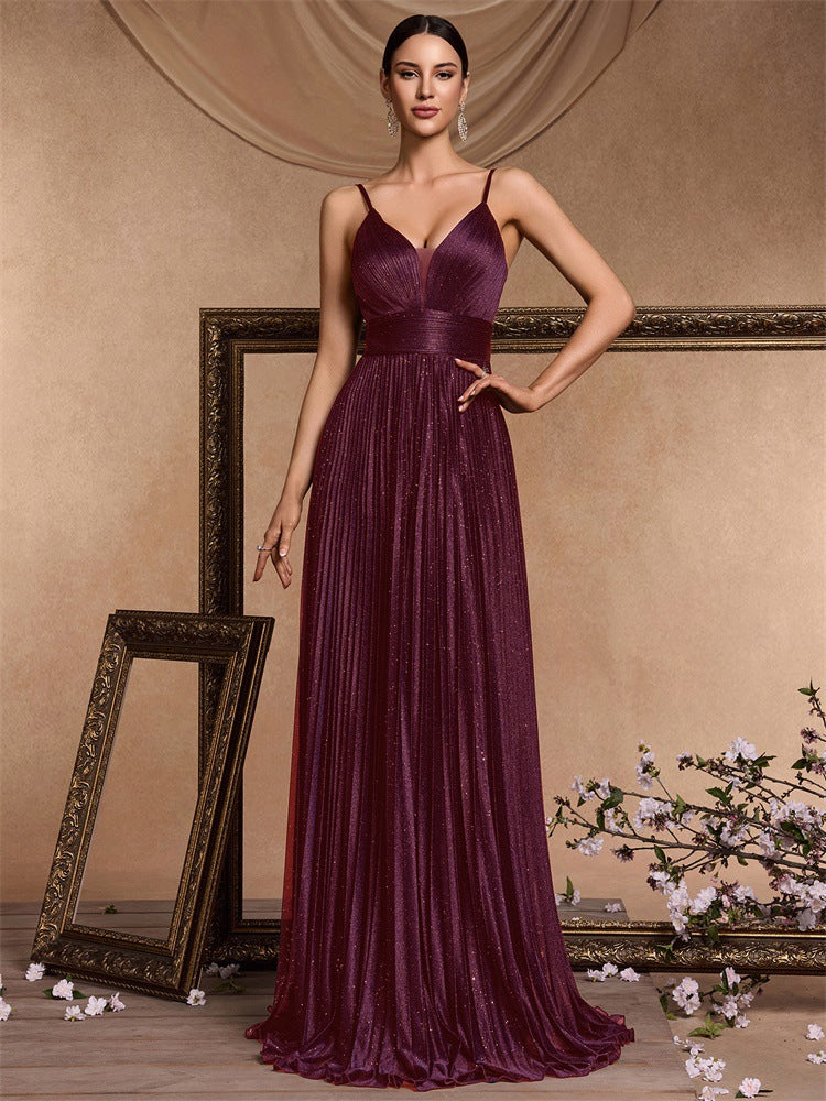 Flavia Glitter Pleated Deep V Maxi Gown - front view