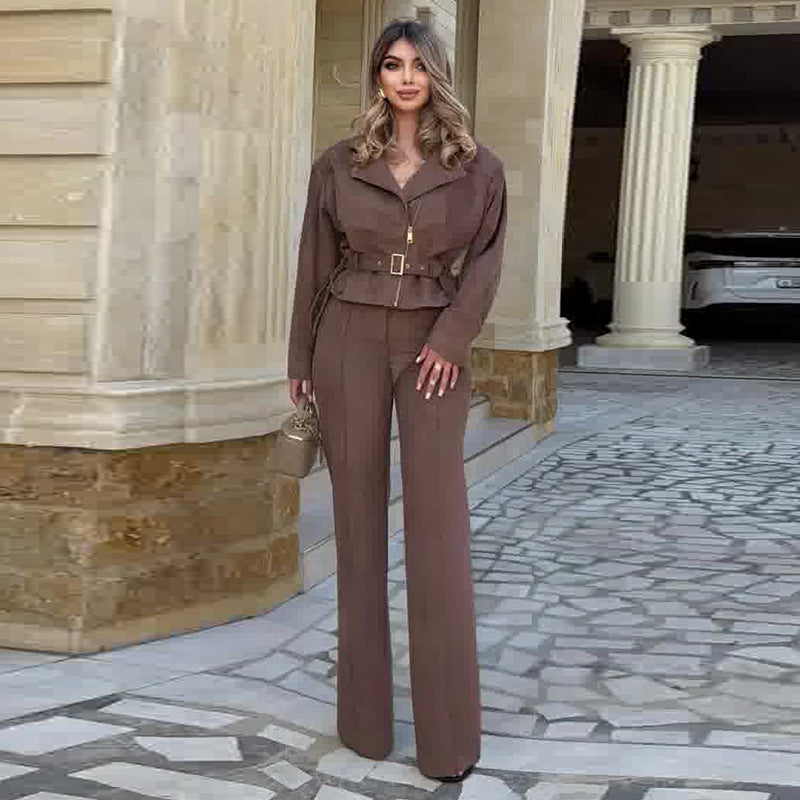 Frédérique Mocha Belted Jacket and Straight Trouser Set - photo 1 | Orabella