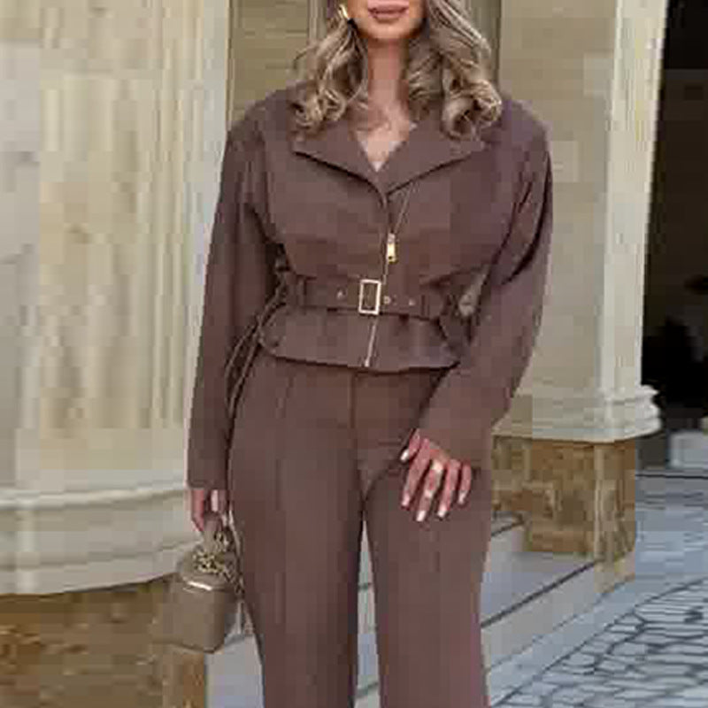 Frédérique Mocha Belted Jacket and Straight Trouser Set - photo 2 | Orabella