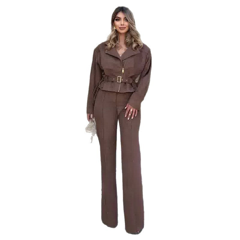 Frédérique Mocha Belted Jacket and Straight Trouser Set - photo 4 | Orabella