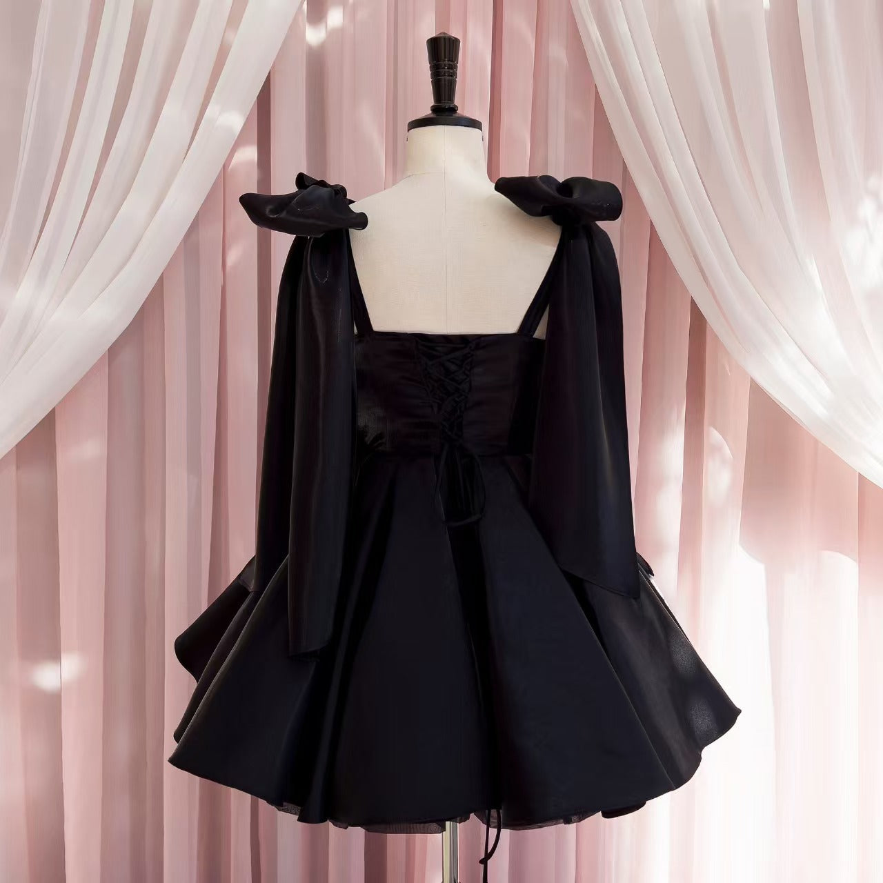 Mireille Black Satin Strapless Dress — model wearing