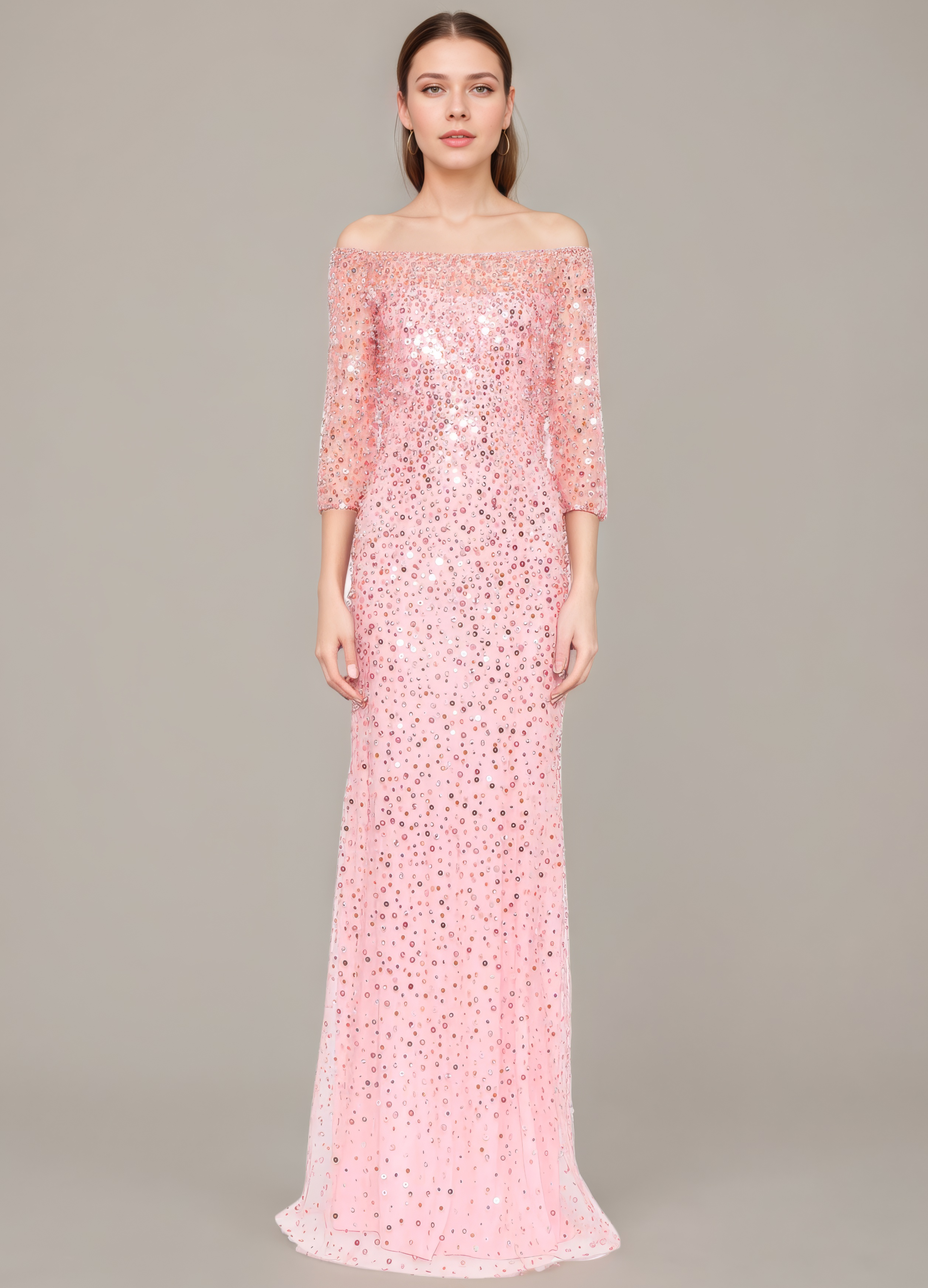 Off-Shoulder Glitter Mesh Maxi Dress