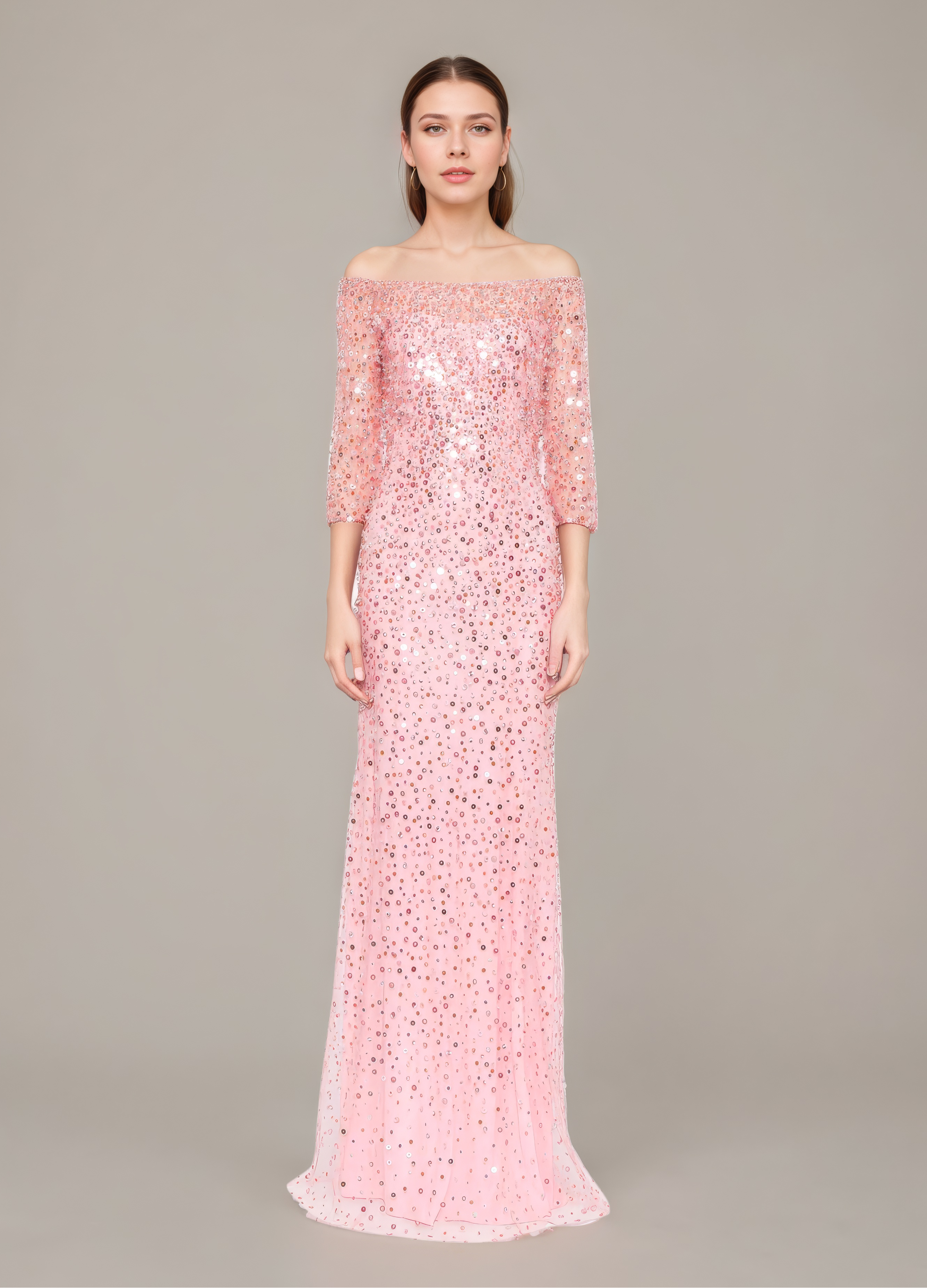 Off-Shoulder Glitter Mesh Maxi Dress