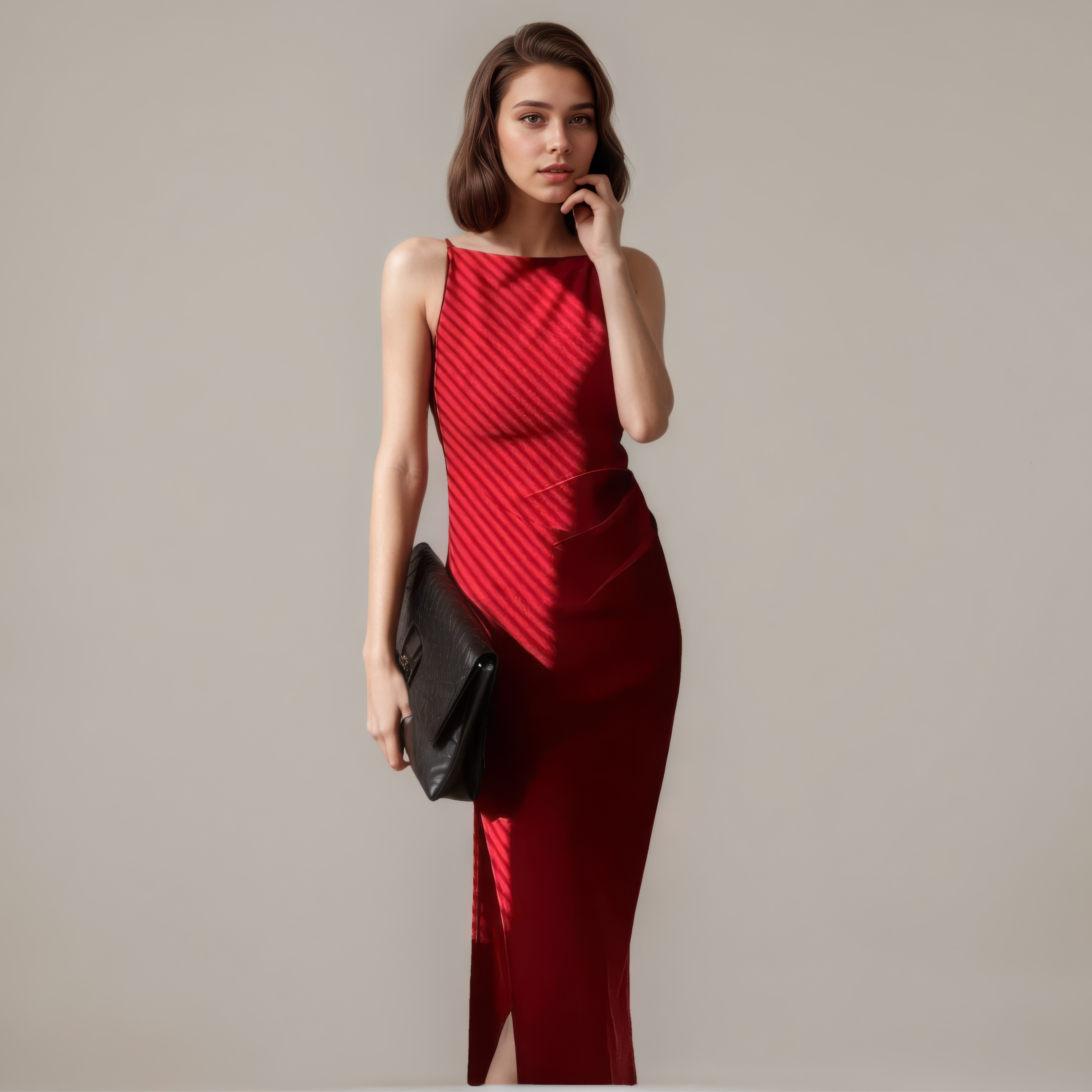 Woman wearing a red dress holding a black clutch against a plain background