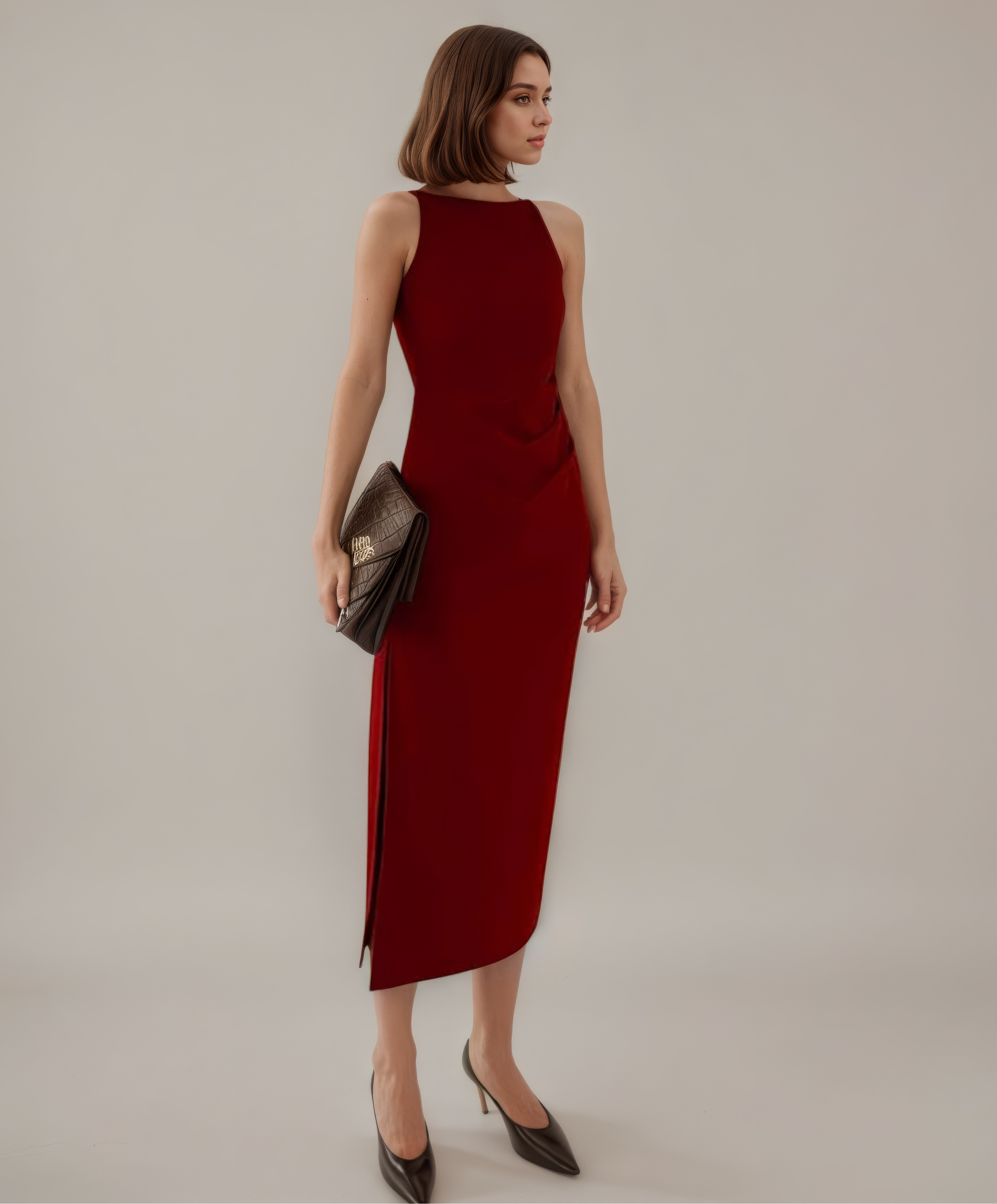 High-Neck Red Bodycon Slit Midi Dress | Orabella High-Neck Red Bodycon Slit Midi Dress | Orabella