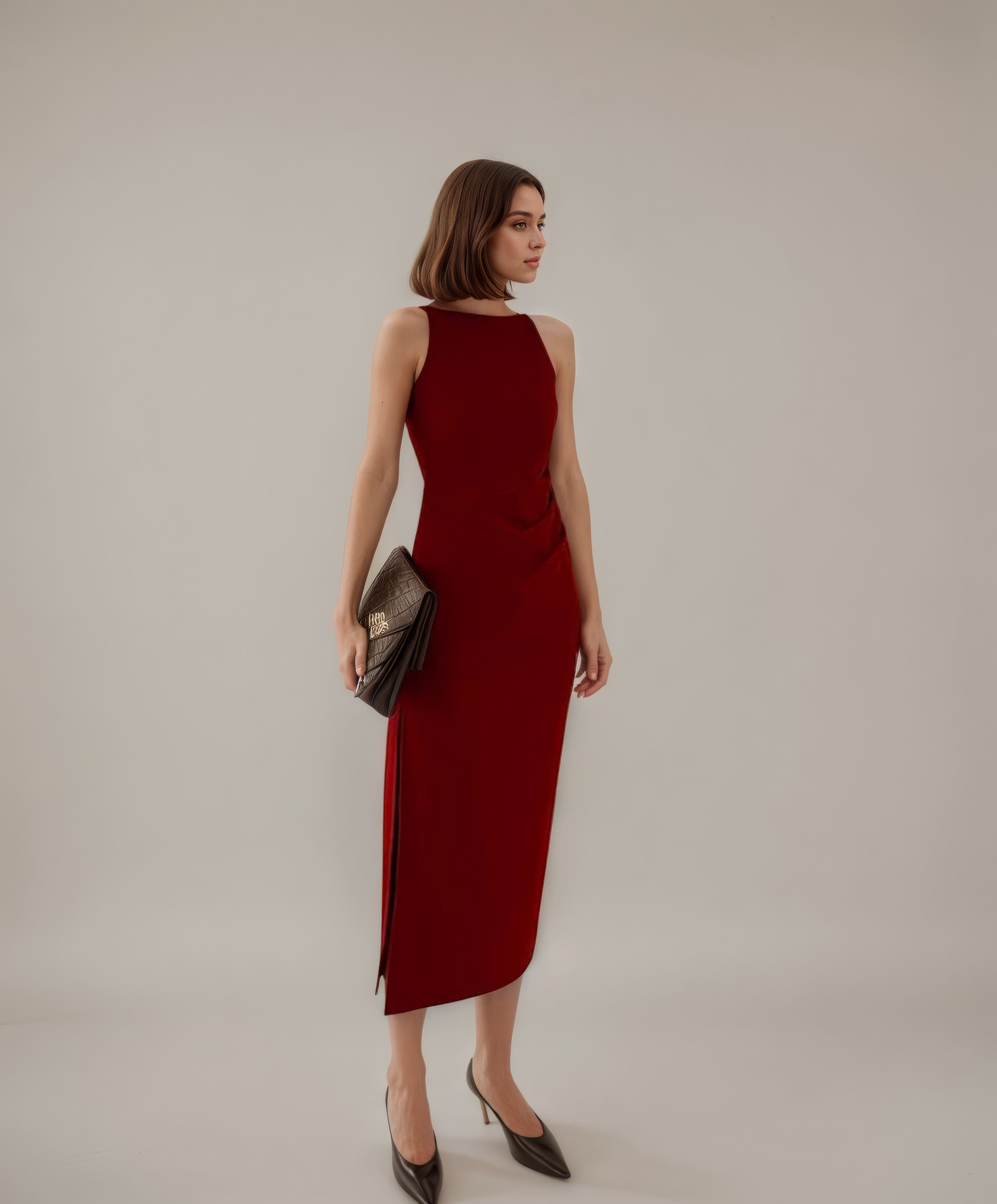 High-Neck Red Bodycon Slit Midi Dress