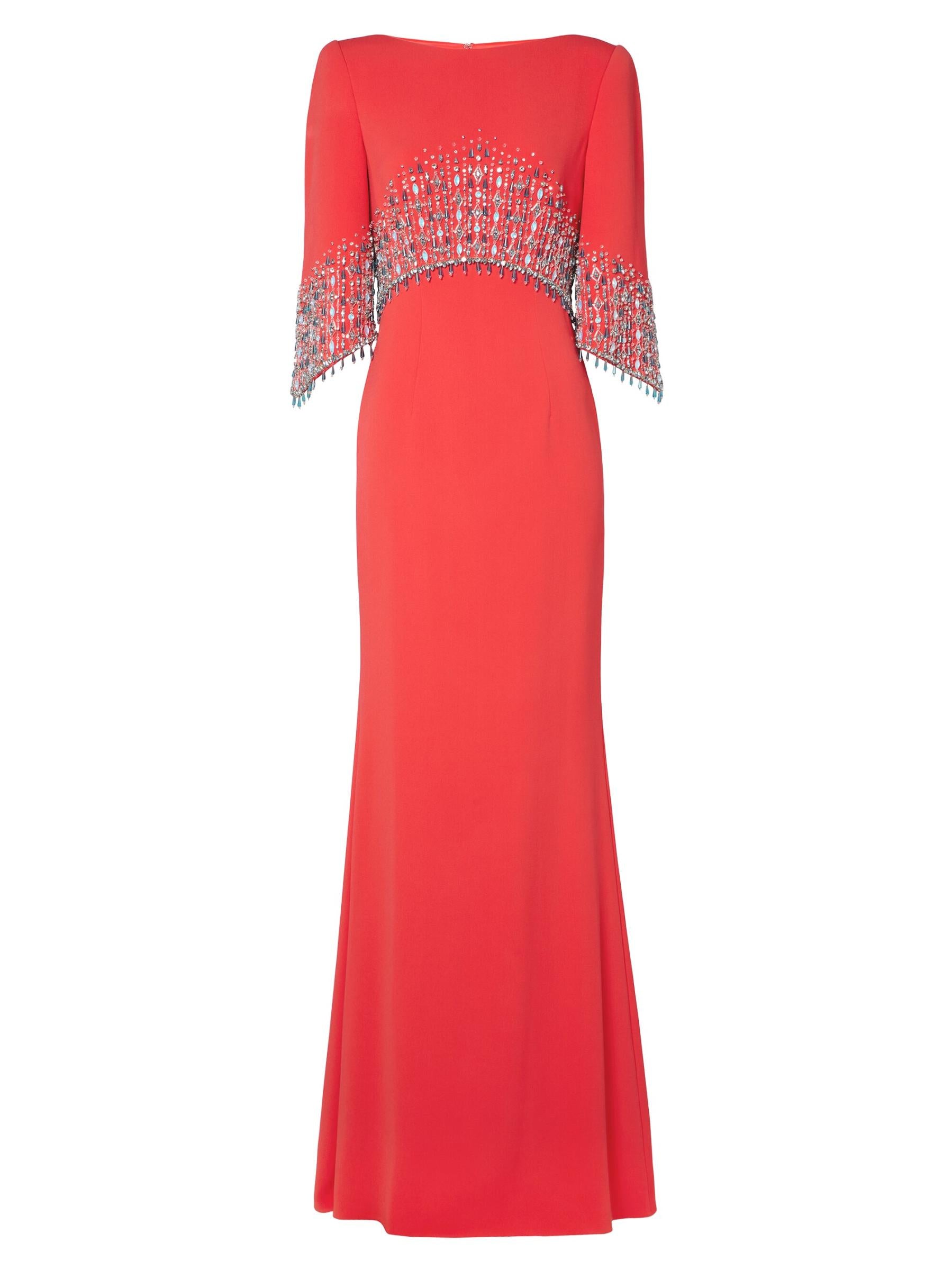 Red Cape-Overlay Evening Gown with Beaded Fringe