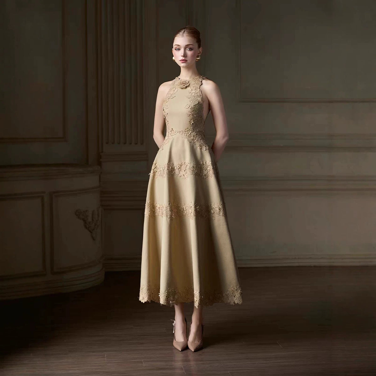 Gaia Beige Floral-Appliqué A-Line Tea-Length Dress - photo 1 | Orabella