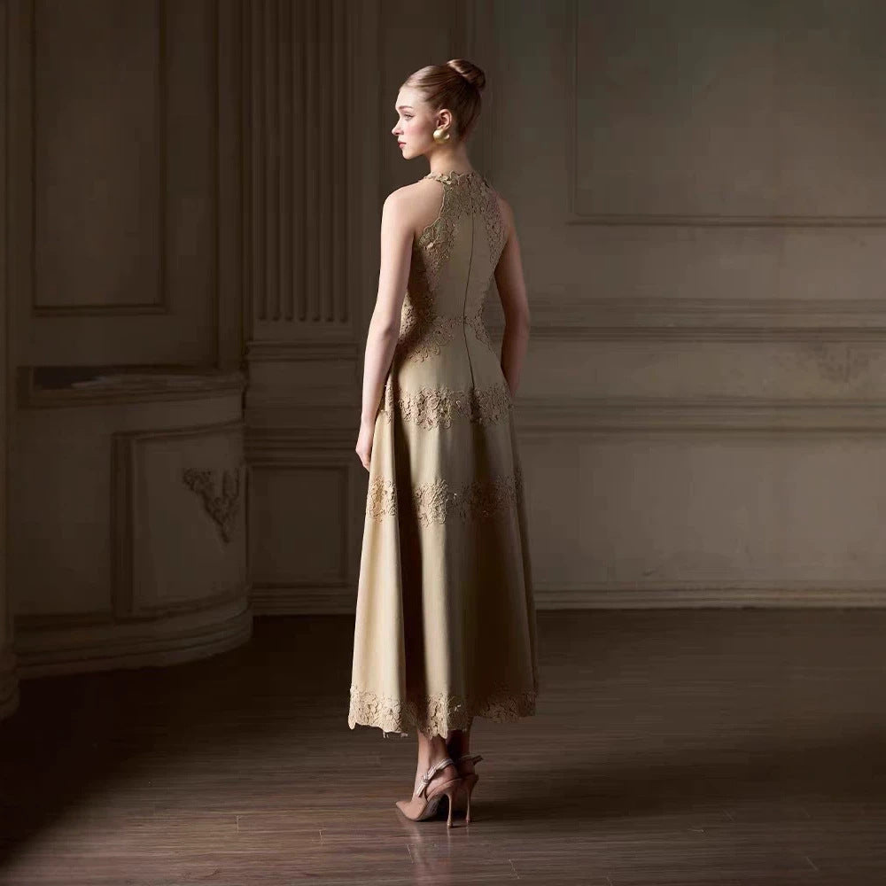 Gaia Beige Floral-Appliqué A-Line Tea-Length Dress - photo 2 | Orabella