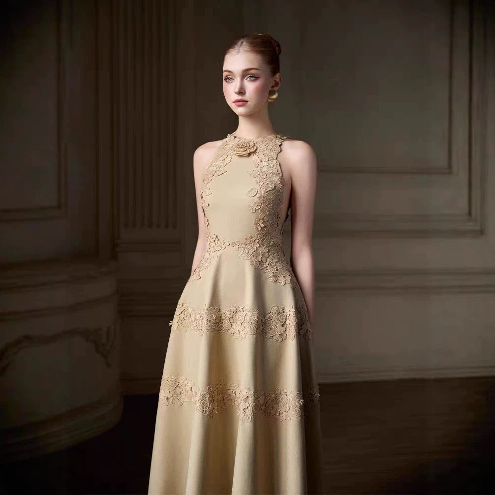 Gaia Beige Floral-Appliqué A-Line Tea-Length Dress - photo 3 | Orabella