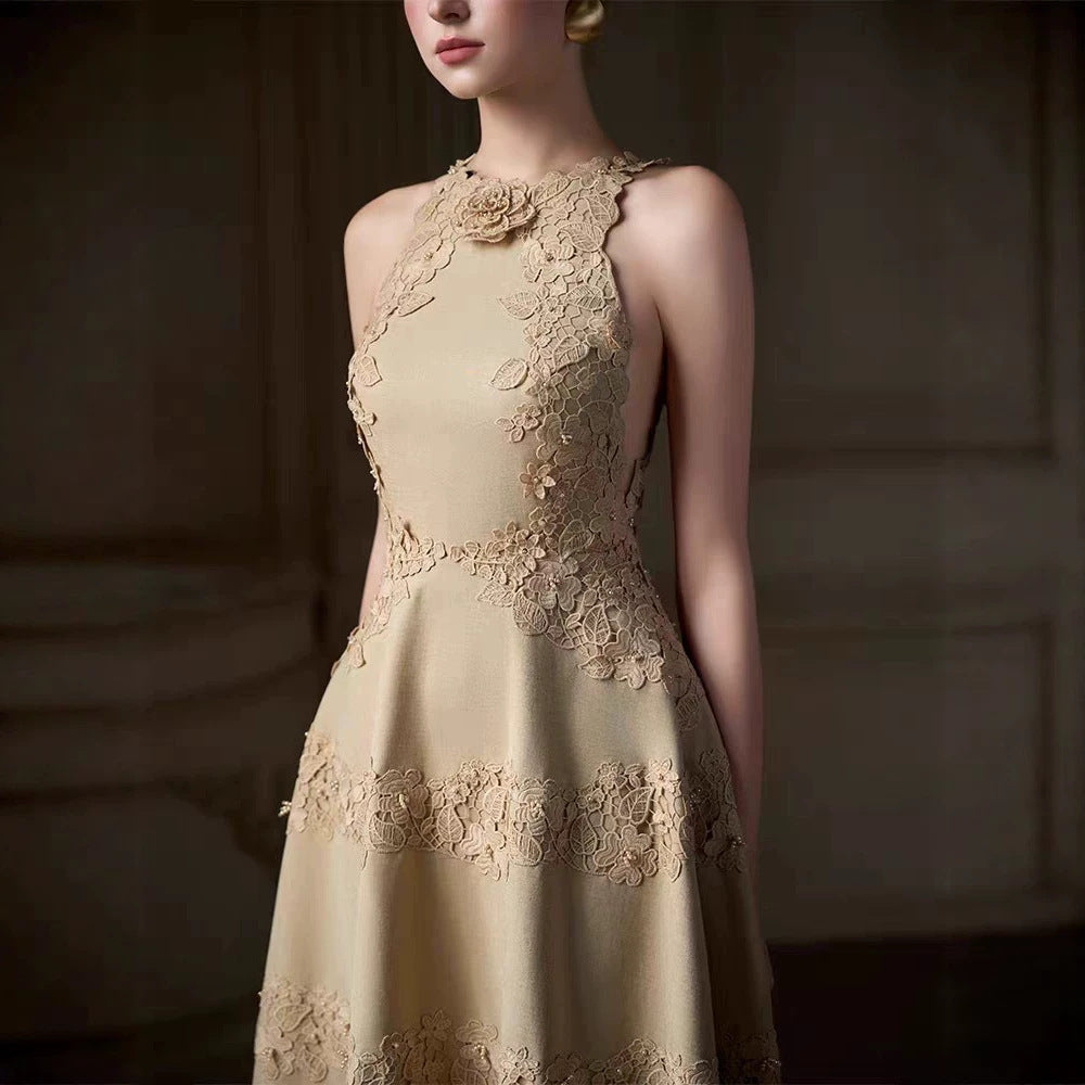 Gaia Beige Floral-Appliqué A-Line Tea-Length Dress - photo 4 | Orabella