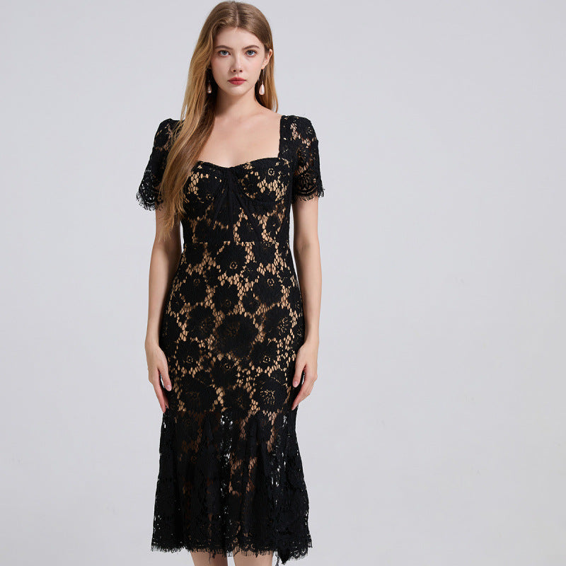 Garance Floral Lace Sweetheart Fishtail Midi Dress - back view