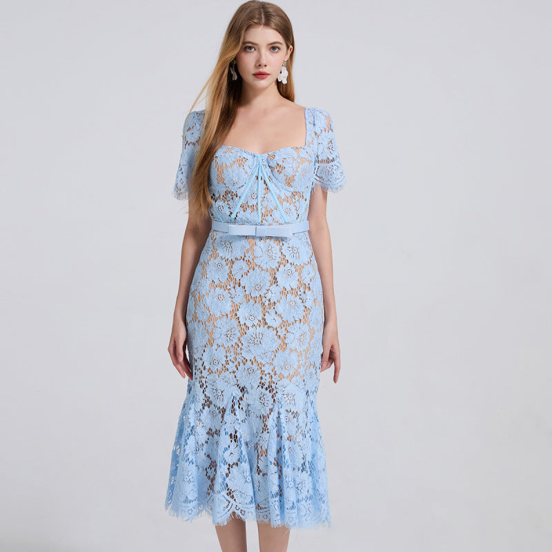 Garance Floral Lace Sweetheart Fishtail Midi Dress - detail view
