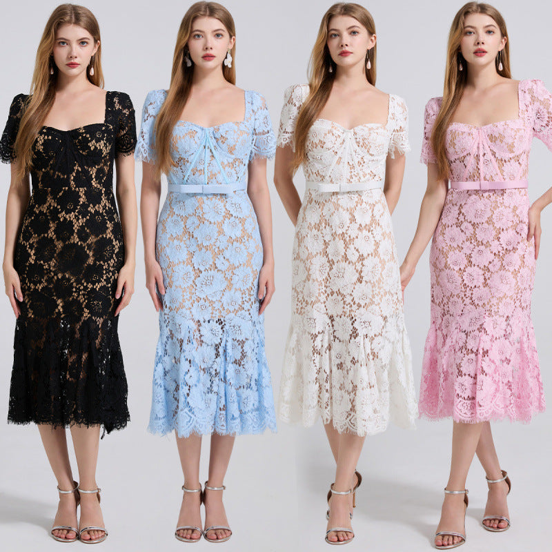 Garance Floral Lace Sweetheart Fishtail Midi Dress - front view