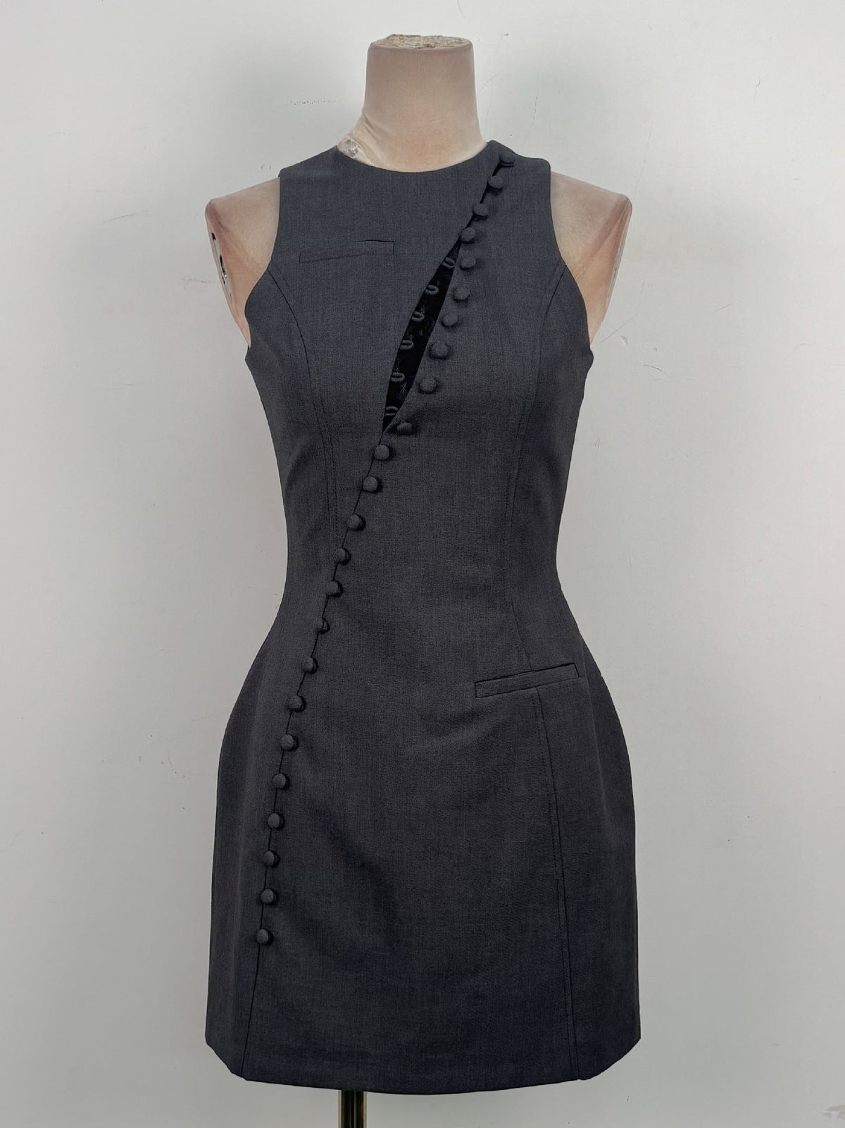 Ghislaine Grey Asymmetric Button Sheath Mini Dress - photo 4 | Orabella