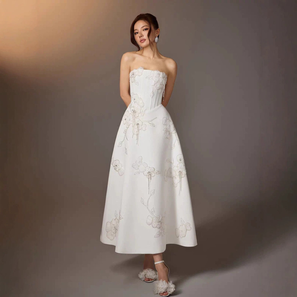 Gioia White Strapless Embroidered Tea-Length Dress - photo 1 | Orabella