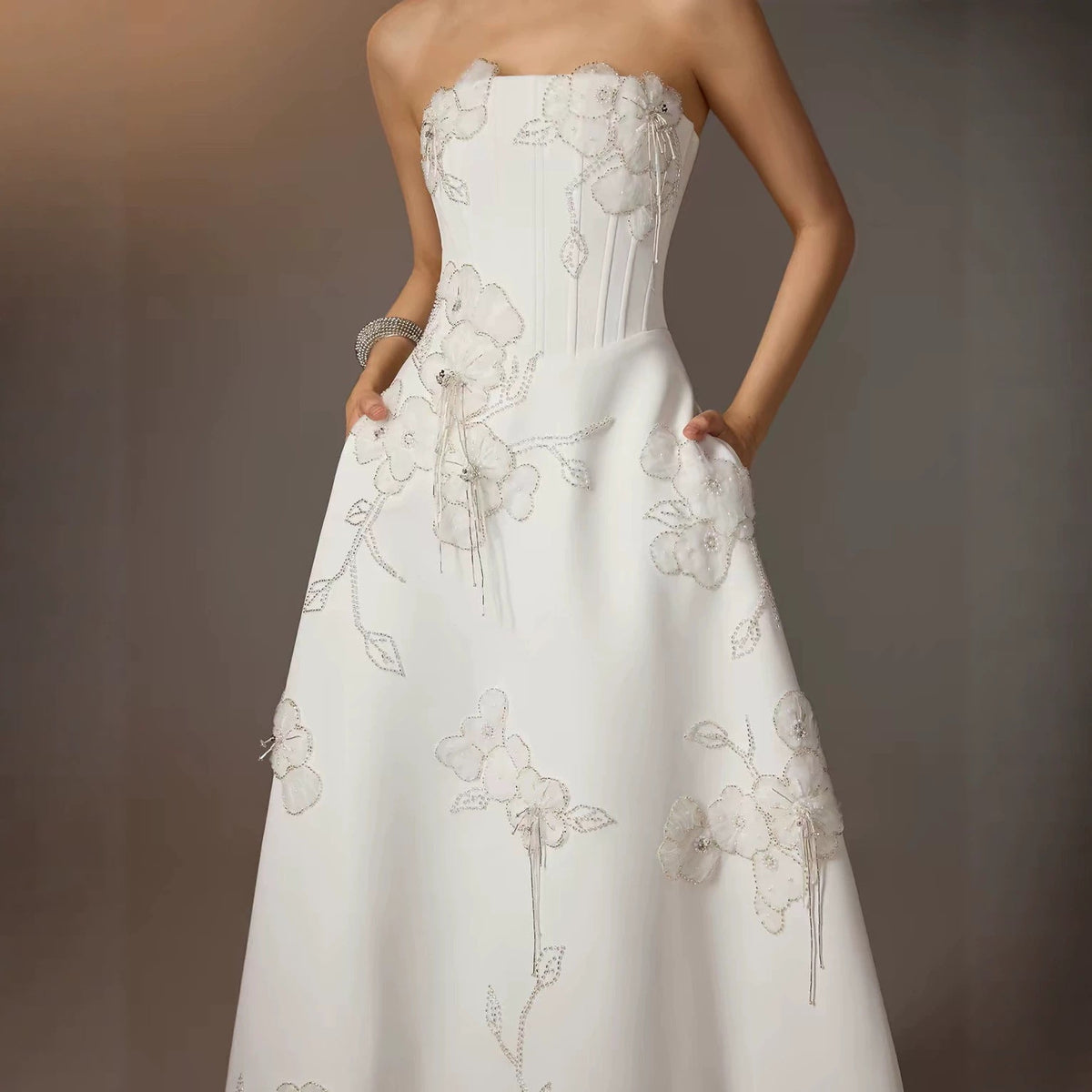 Gioia White Strapless Embroidered Tea-Length Dress - photo 2 | Orabella