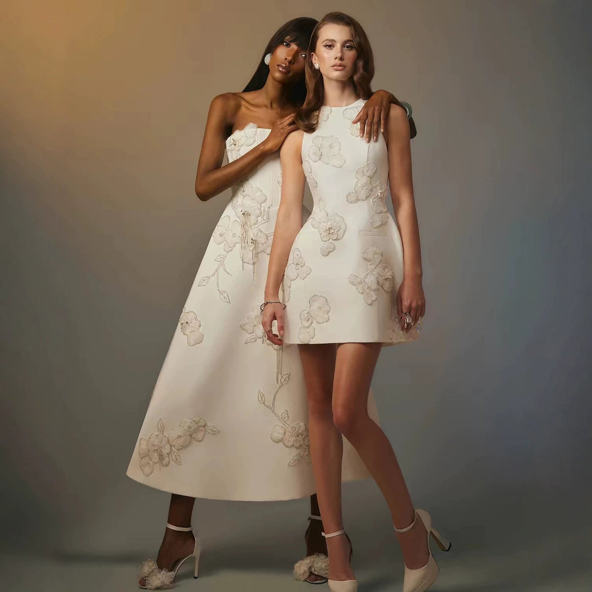 Gioia White Strapless Embroidered Tea-Length Dress - photo 3 | Orabella