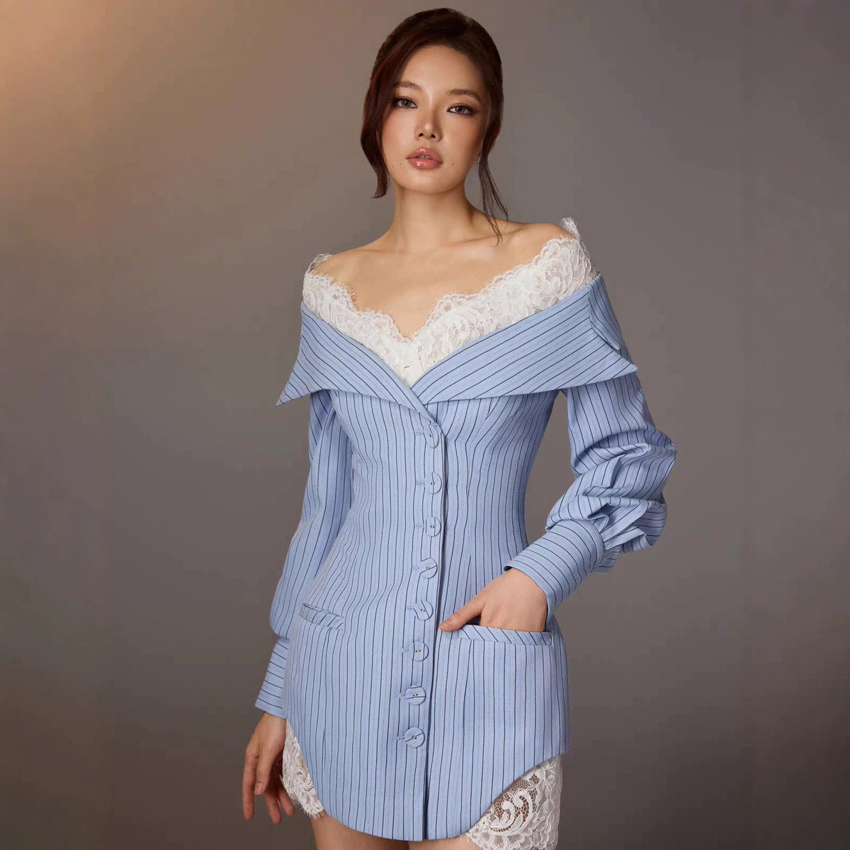 Giovanna Blue Pinstripe Off-Shoulder Shirt Mini Dress - photo 2 | Orabella