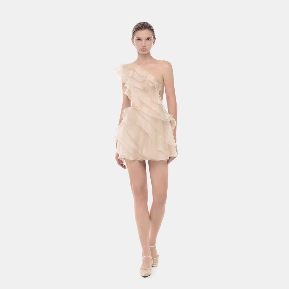 Gisèle Champagne Organza Ruffle One-Shoulder Mini Dress - photo 1 | Orabella