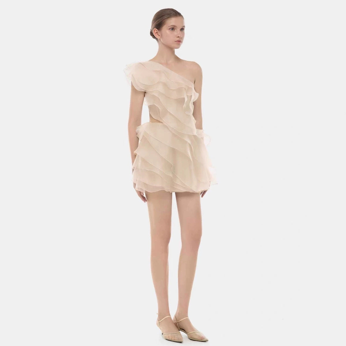 Gisèle Champagne Organza Ruffle One-Shoulder Mini Dress - photo 2 | Orabella