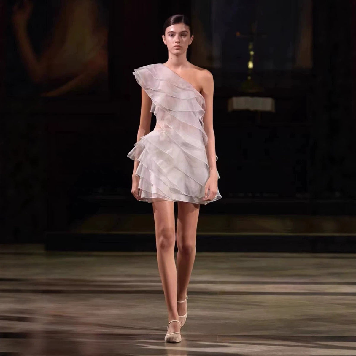 Gisèle Champagne Organza Ruffle One-Shoulder Mini Dress - photo 4 | Orabella