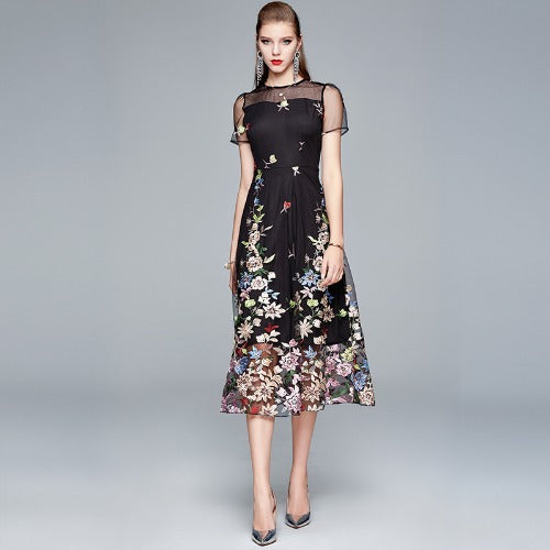 Gwendoline Floral Embroidered Mesh A-Line Midi Dress - additional view 6