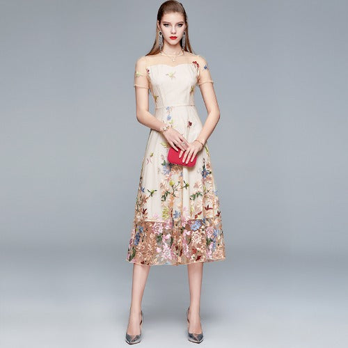 Gwendoline Floral Embroidered Mesh A-Line Midi Dress - additional view 7